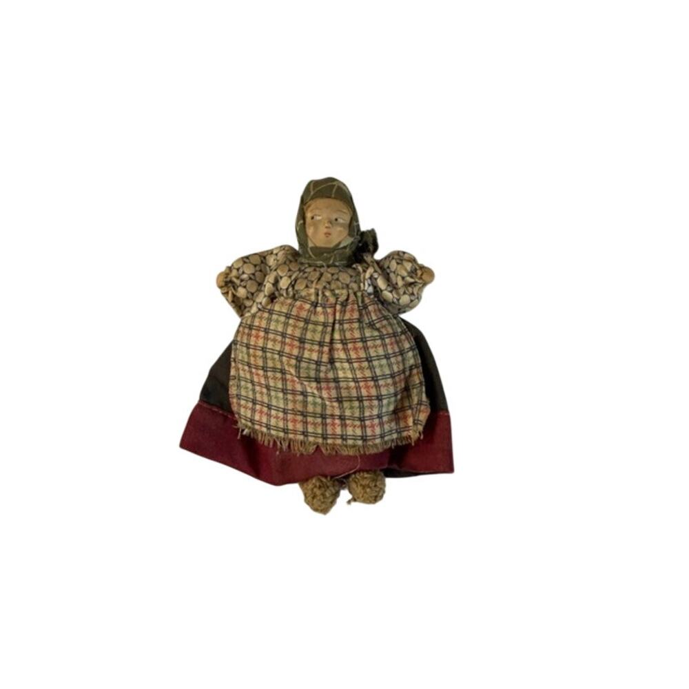 Antique Russian Cloth Composition Doll Woman 4" Hand Made in Soviet Union USSR